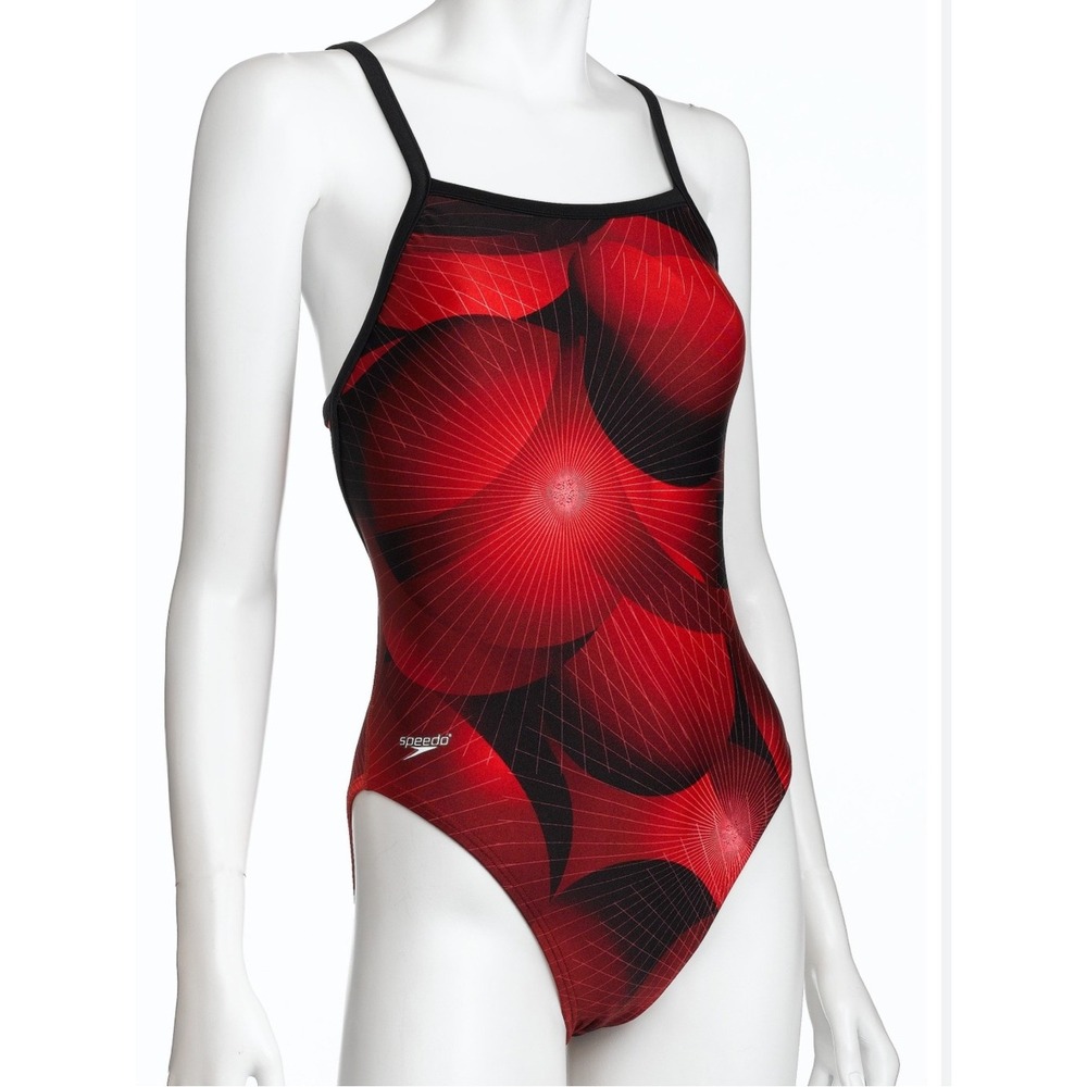 SPEEDO Size 10 Red Black Rising Sun Lycra Geoback One Piece Racer Swimsuit Beach